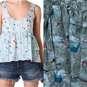 FREE PEOPLE: Women’s Bird Print Ruffle Button-Up Tank Top -Size Medium